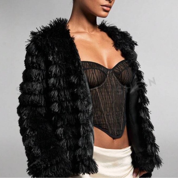 Women Open Front Faux Fur Coat In Black Homecoming Women Homecoming  Woman - Picture 4 of 4